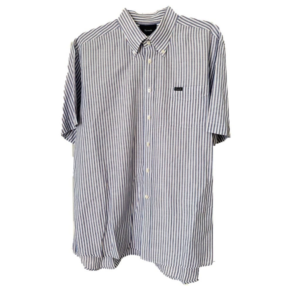 Facconable Men's Cotton-Linen Shirt Short Sleeve, Blue Purple Stripe, Sz XXL